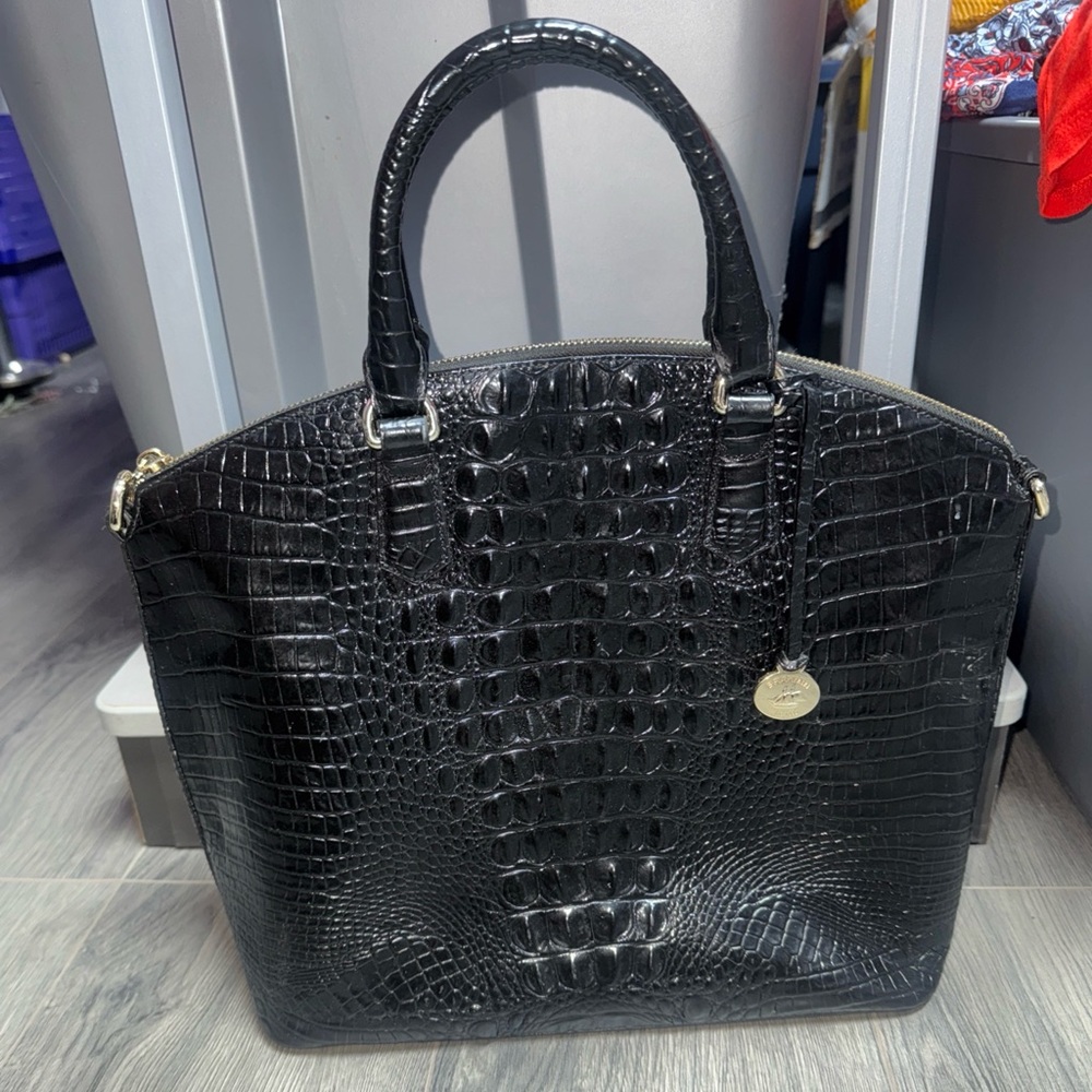 Brahmin Glossy Black Embossed bag. Missing long strap. Needs cleaning inside! - Picture 2 of 7